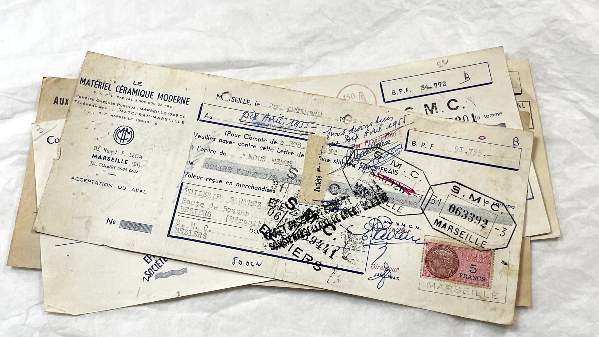 1950s - Lot of 6 Vintage French Bills of Exchange – Handwritten Commercial Documents with Stamps