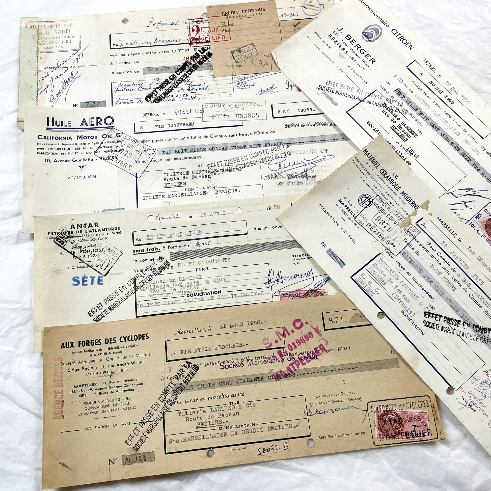 1950s - Lot of 6 Vintage French Bills of Exchange – Handwritten Commercial Documents with Stamps