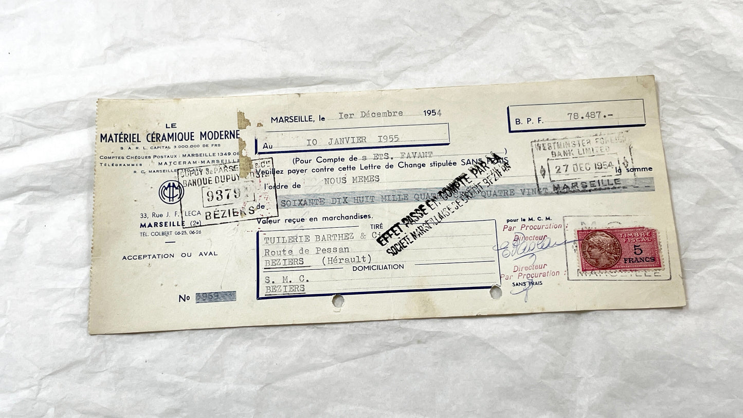 1950s - Lot of 6 Vintage French Bills of Exchange – Handwritten Commercial Documents with Stamps