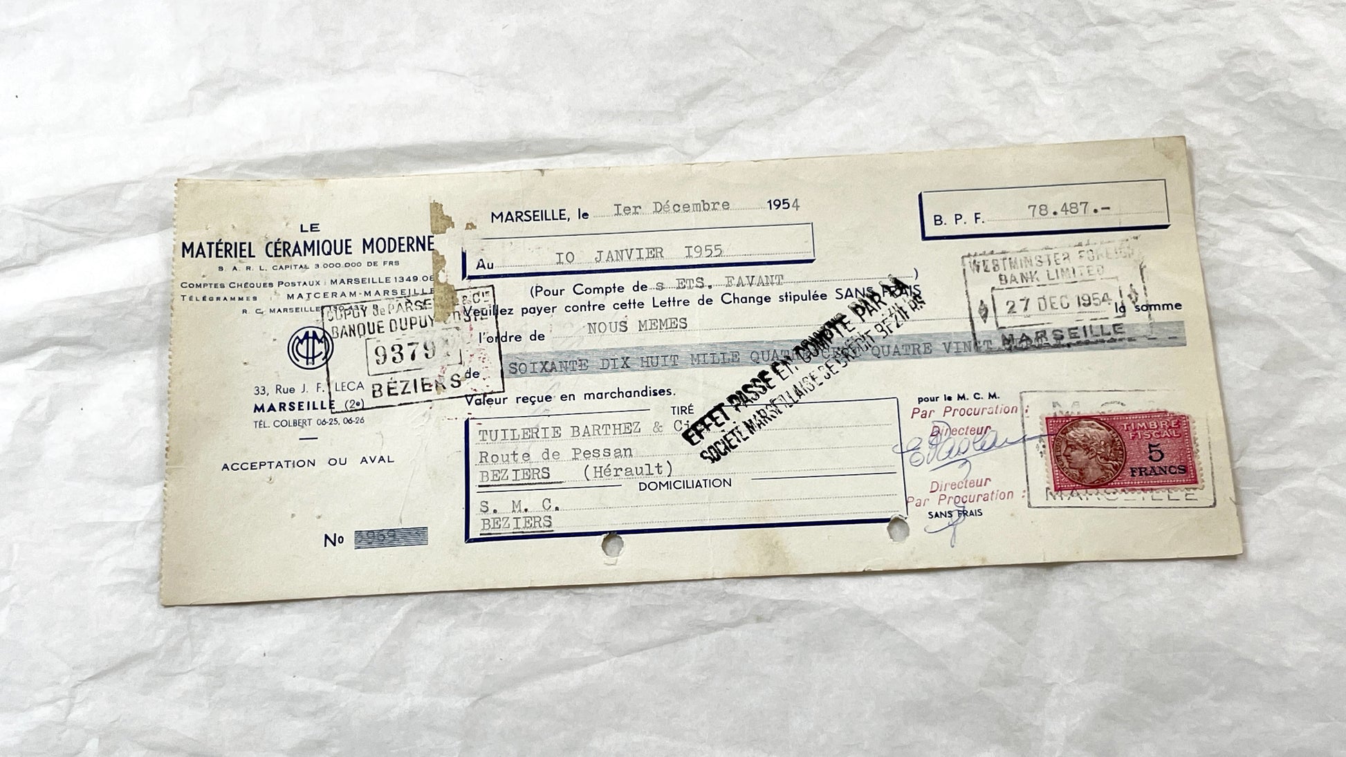 1950s - Lot of 6 Vintage French Bills of Exchange – Handwritten Commercial Documents with Stamps