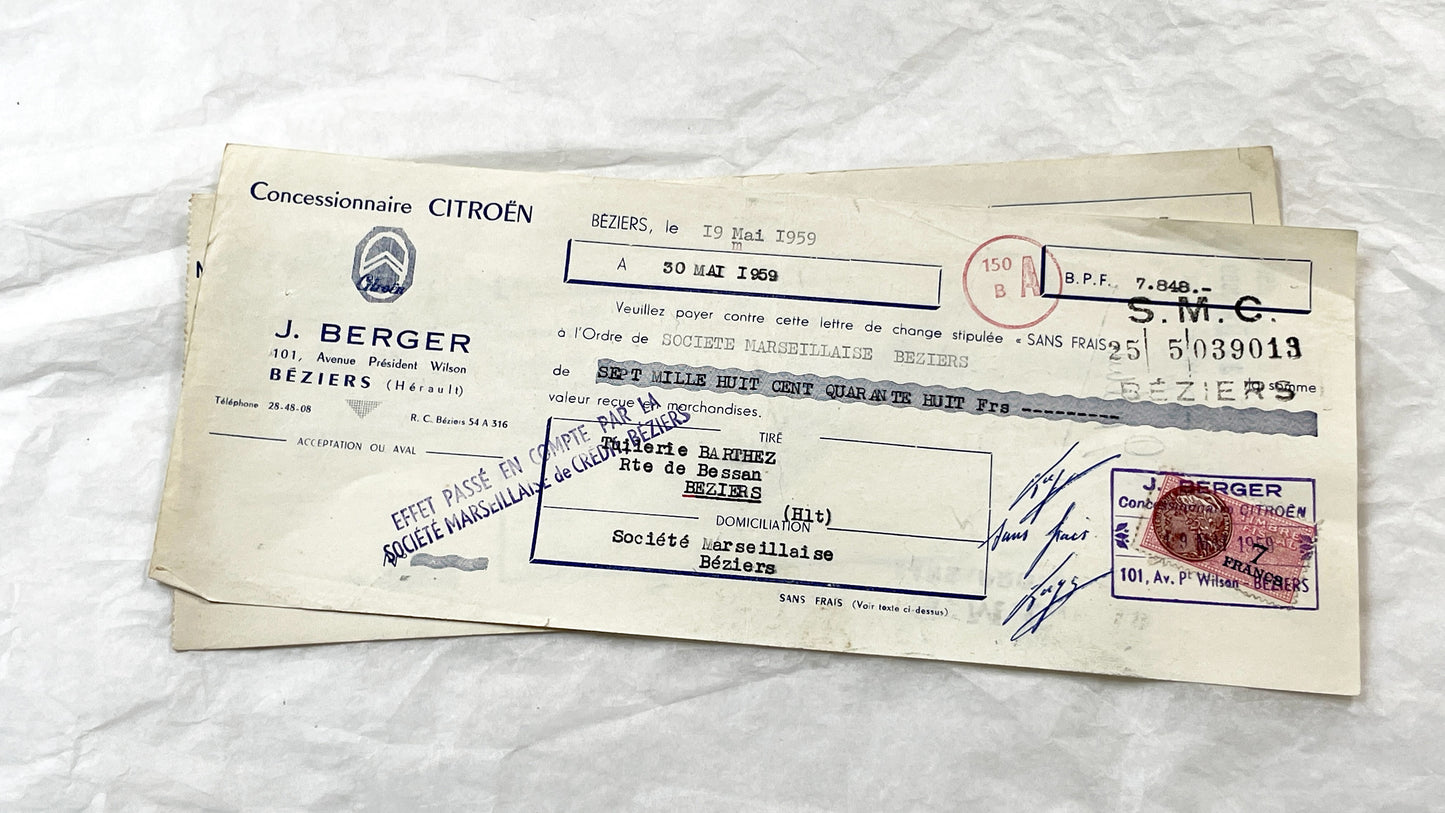 1950s - Lot of 6 Vintage French Bills of Exchange – Handwritten Commercial Documents with Stamps