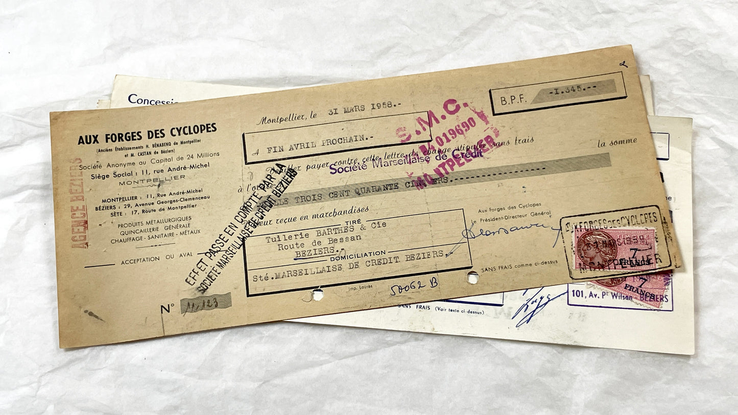 1950s - Lot of 6 Vintage French Bills of Exchange – Handwritten Commercial Documents with Stamps