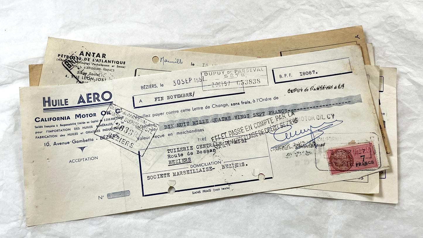 1950s - Lot of 6 Vintage French Bills of Exchange – Handwritten Commercial Documents with Stamps