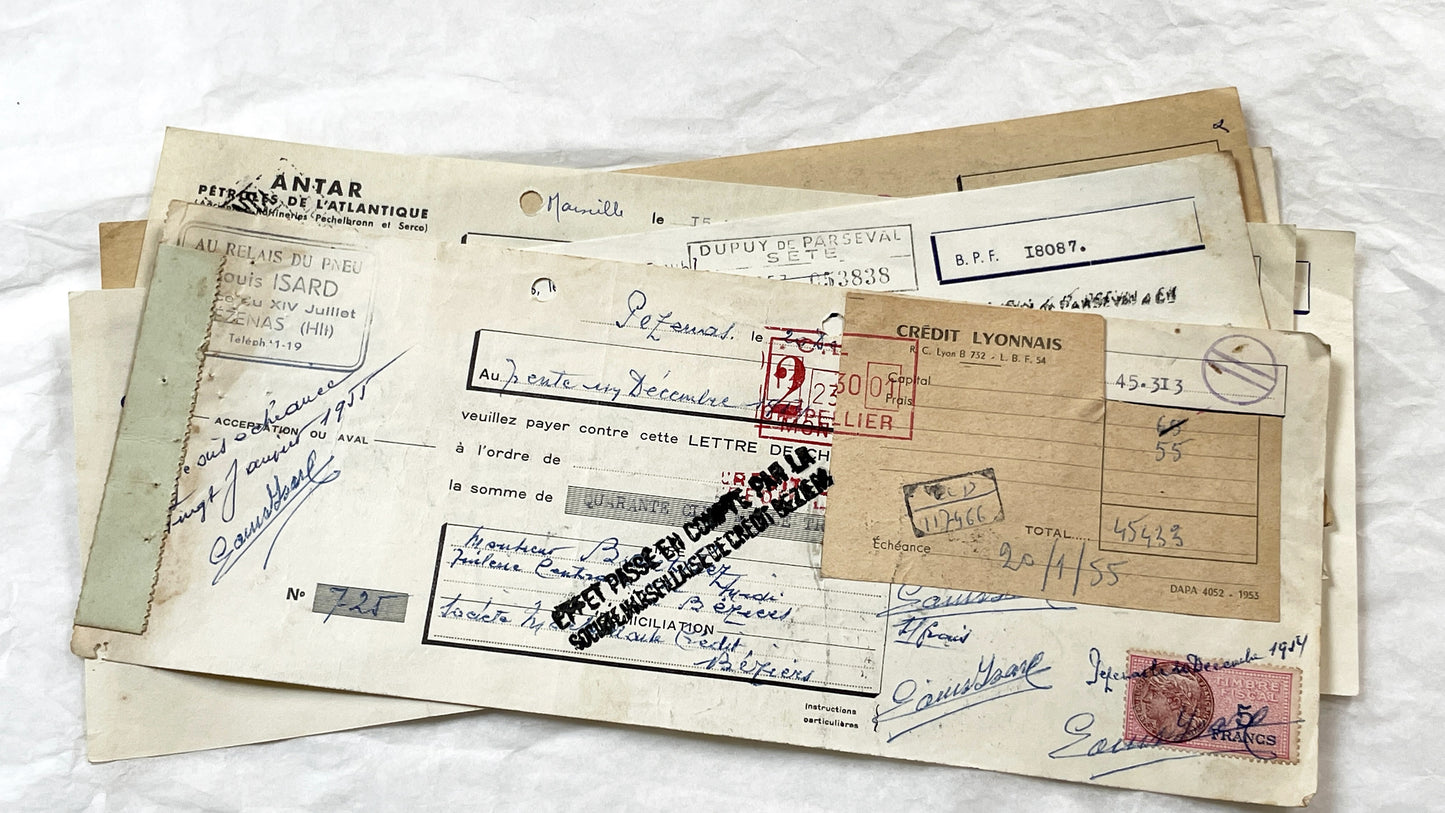 1950s - Lot of 6 Vintage French Bills of Exchange – Handwritten Commercial Documents with Stamps