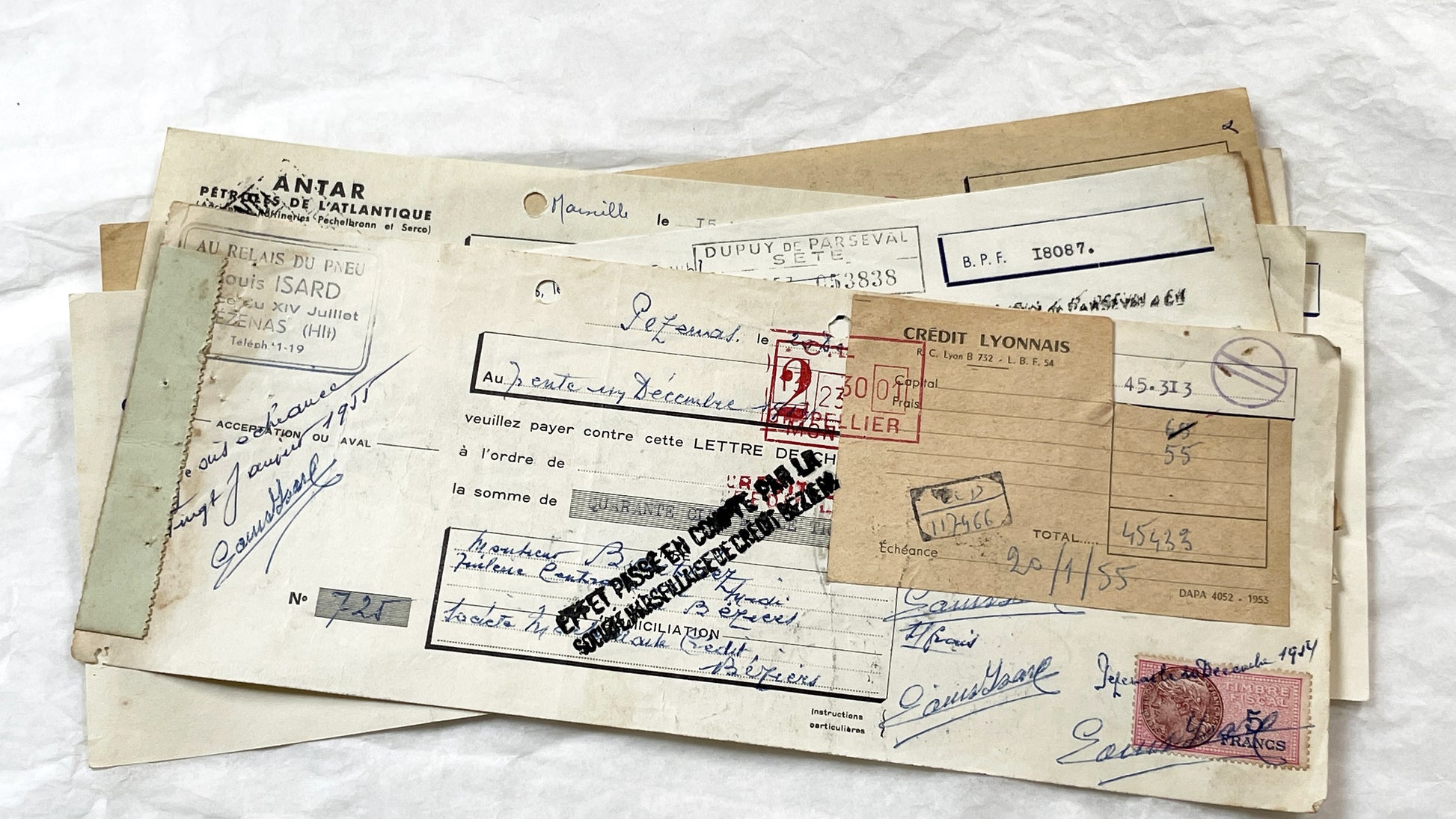 1950s - Lot of 6 Vintage French Bills of Exchange – Handwritten Commercial Documents with Stamps