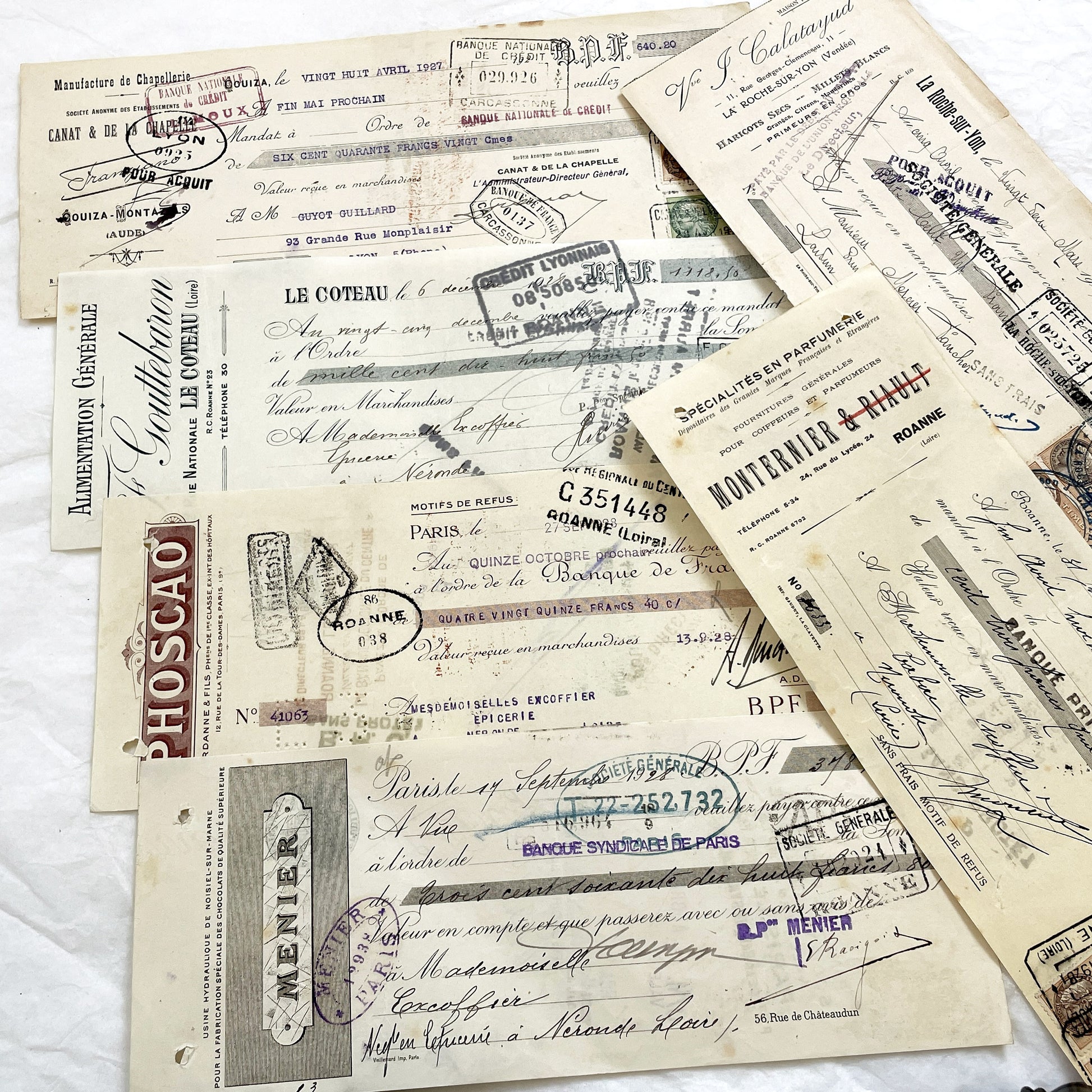 1920s - Lot of 6 Vintage French Bills of Exchange – Handwritten Commercial Documents with Stamps