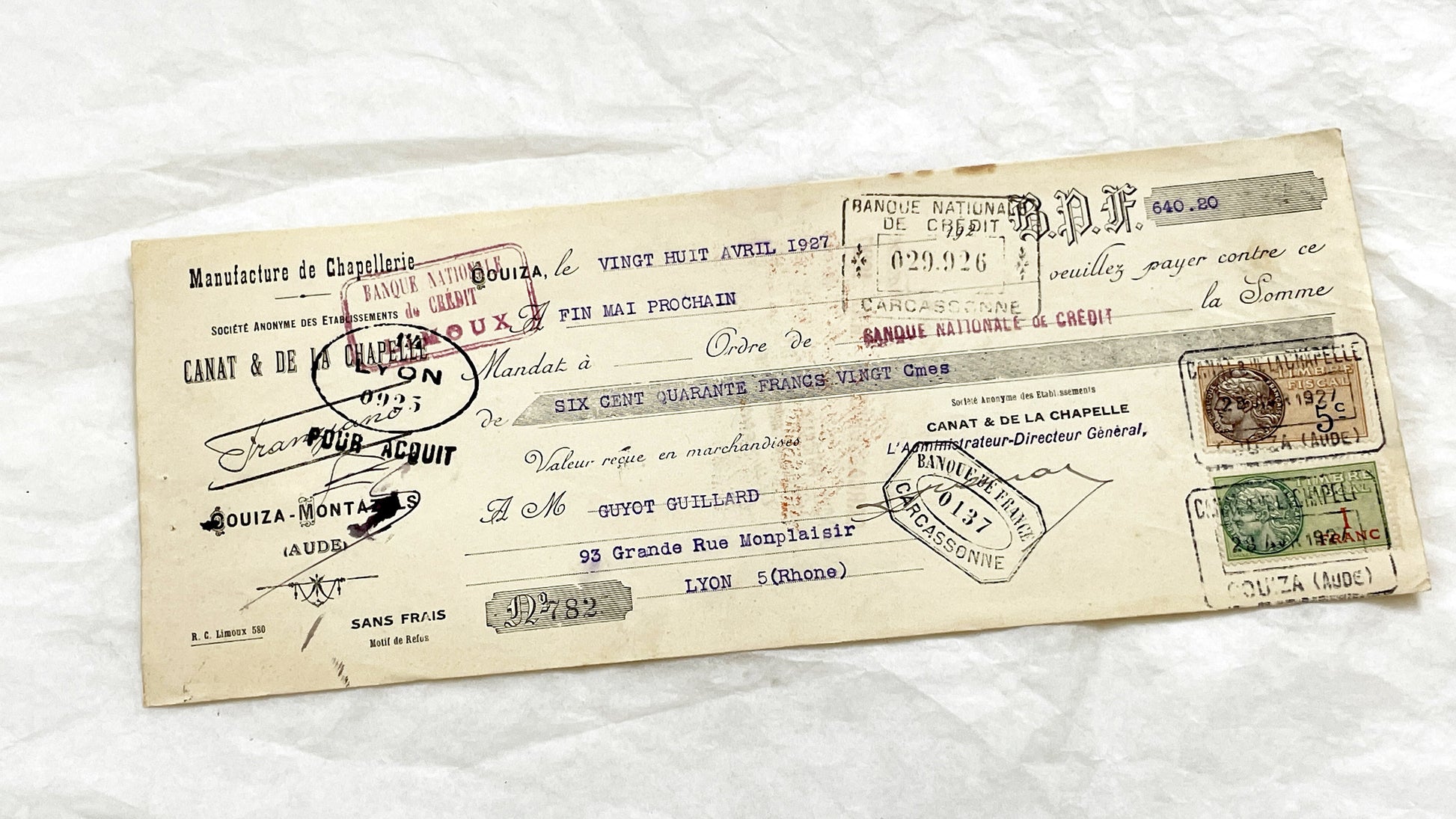 1920s - Lot of 6 Vintage French Bills of Exchange – Handwritten Commercial Documents with Stamps
