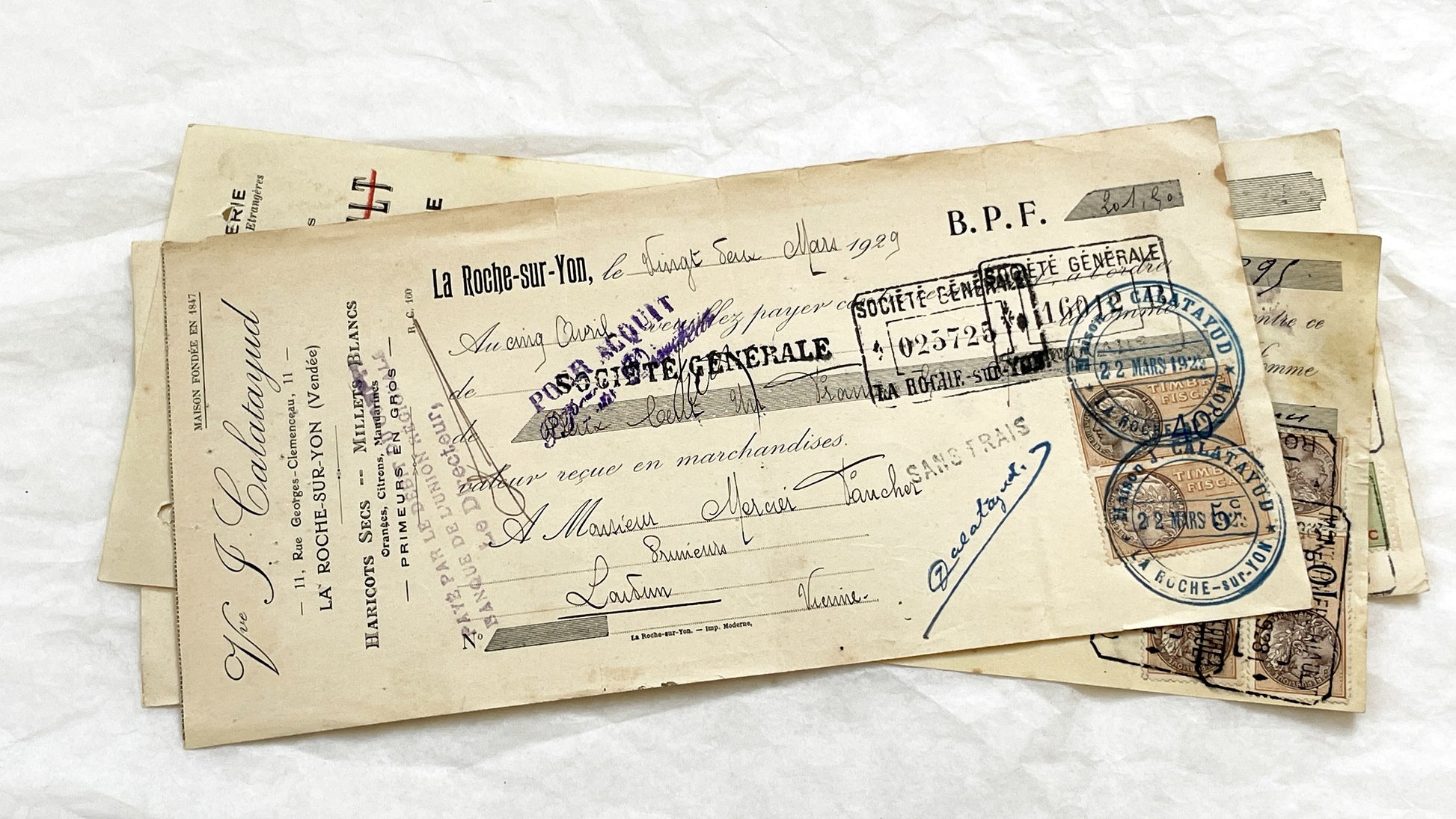 1920s - Lot of 6 Vintage French Bills of Exchange – Handwritten Commercial Documents with Stamps