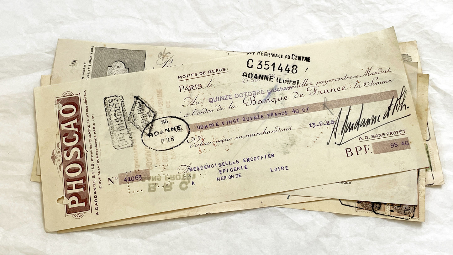1920s - Lot of 6 Vintage French Bills of Exchange – Handwritten Commercial Documents with Stamps
