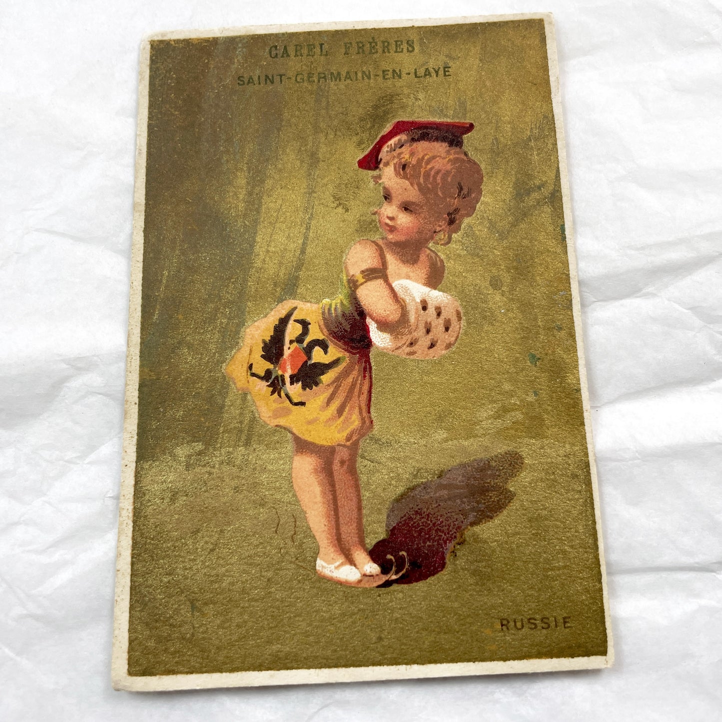 Late 19th - Set of Three Chocolatier Advertising Trade Cards - Antique French Chromolithographs - National Costume Children Set
