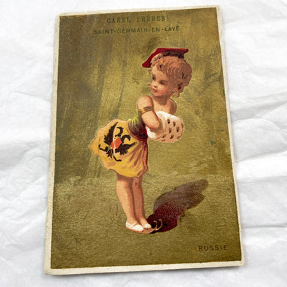 Late 19th - Set of Three Chocolatier Advertising Trade Cards - Antique French Chromolithographs - National Costume Children Set