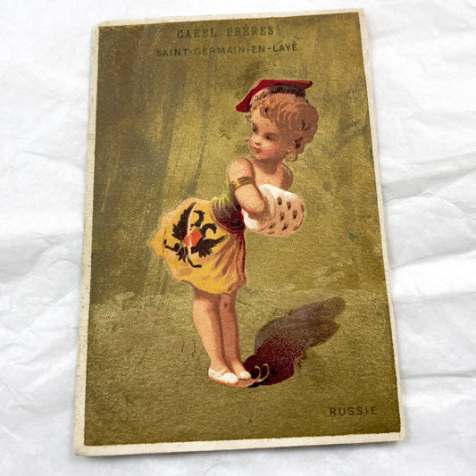 Late 19th - Set of Three Chocolatier Advertising Trade Cards - Antique French Chromolithographs - National Costume Children Set