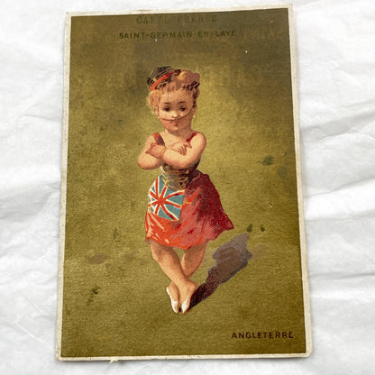 Late 19th - Set of Three Chocolatier Advertising Trade Cards - Antique French Chromolithographs - National Costume Children Set