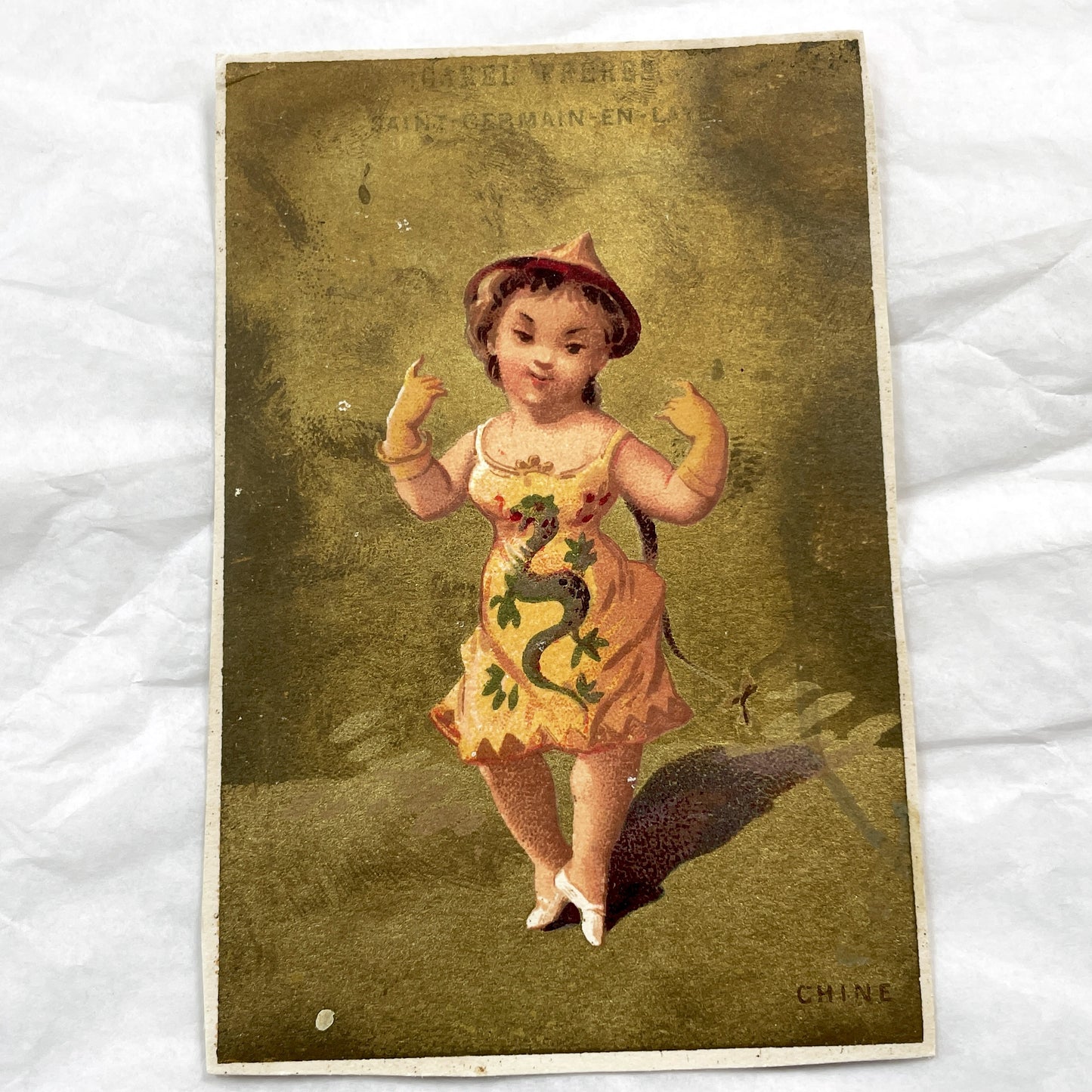 Late 19th - Set of Three Chocolatier Advertising Trade Cards - Antique French Chromolithographs - National Costume Children Set