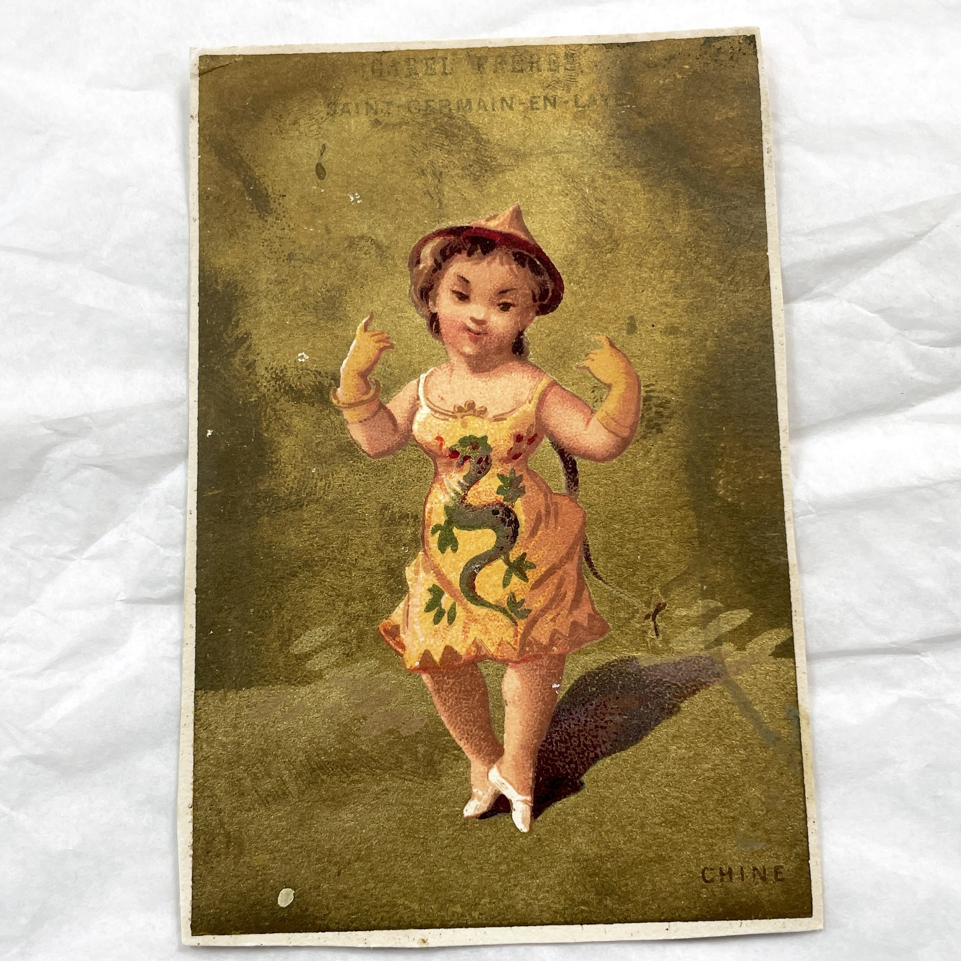 Late 19th - Set of Three Chocolatier Advertising Trade Cards - Antique French Chromolithographs - National Costume Children Set
