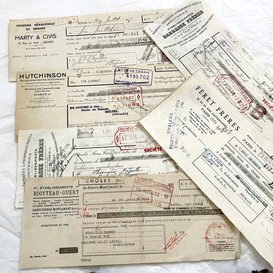 1940s - Lot of 6 Vintage French Bills of Exchange – Handwritten Commercial Documents with Stamps