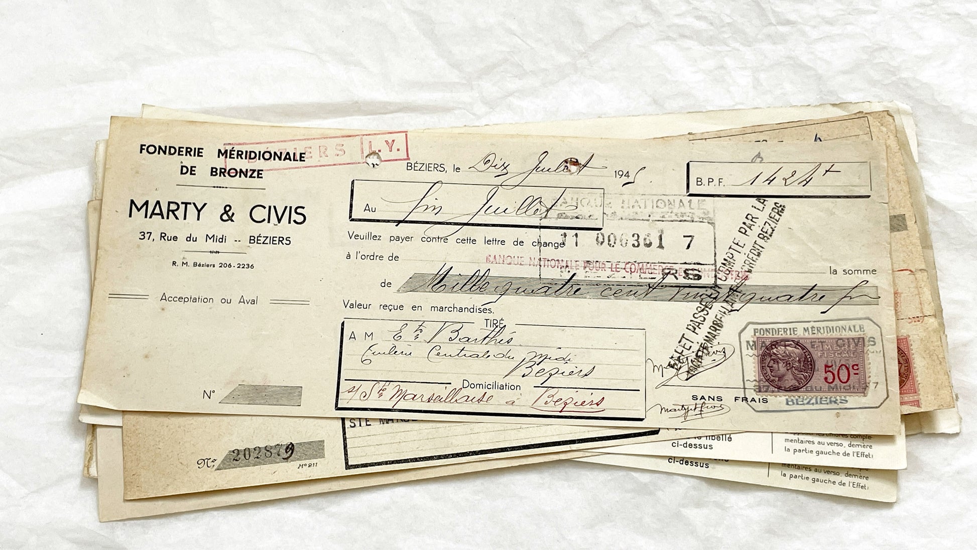 1940s - Lot of 6 Vintage French Bills of Exchange – Handwritten Commercial Documents with Stamps