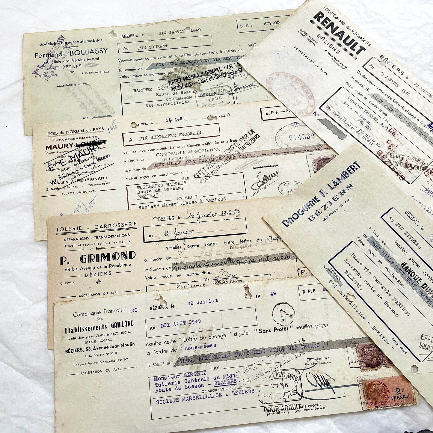 1940s - Lot of 6 Vintage French Bills of Exchange – Handwritten Commercial Documents with Stamps