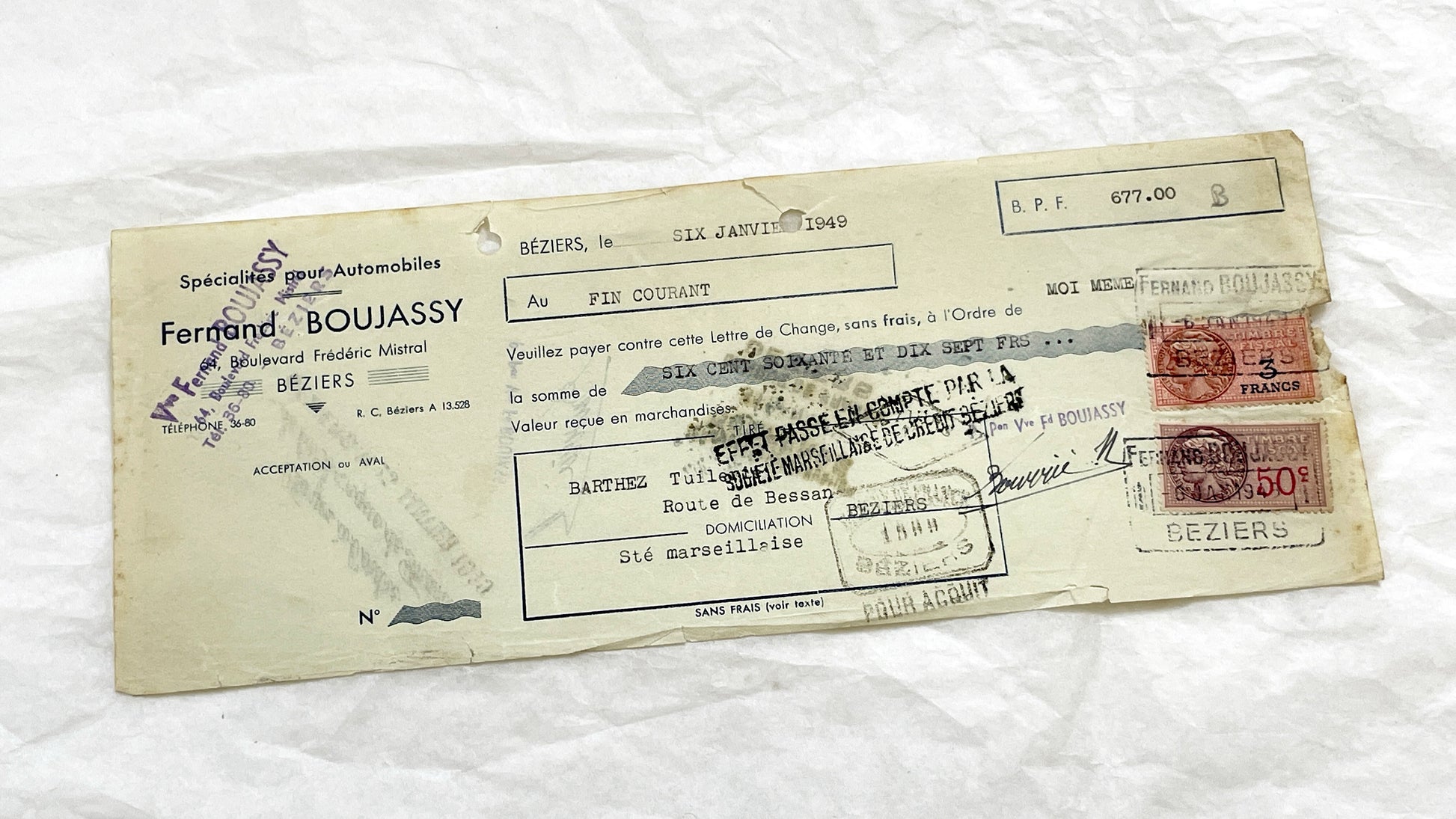 1940s - Lot of 6 Vintage French Bills of Exchange – Handwritten Commercial Documents with Stamps
