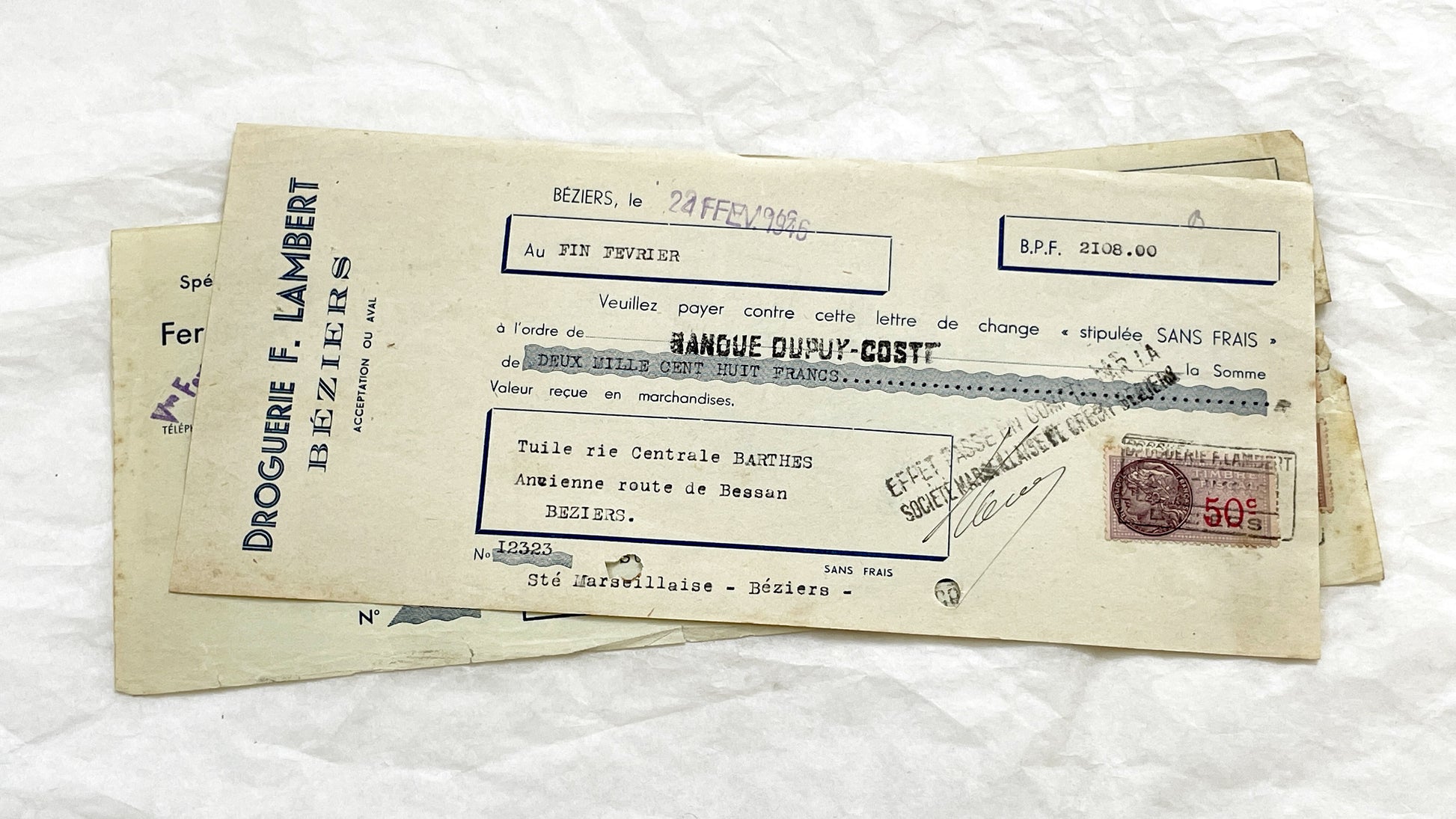 1940s - Lot of 6 Vintage French Bills of Exchange – Handwritten Commercial Documents with Stamps