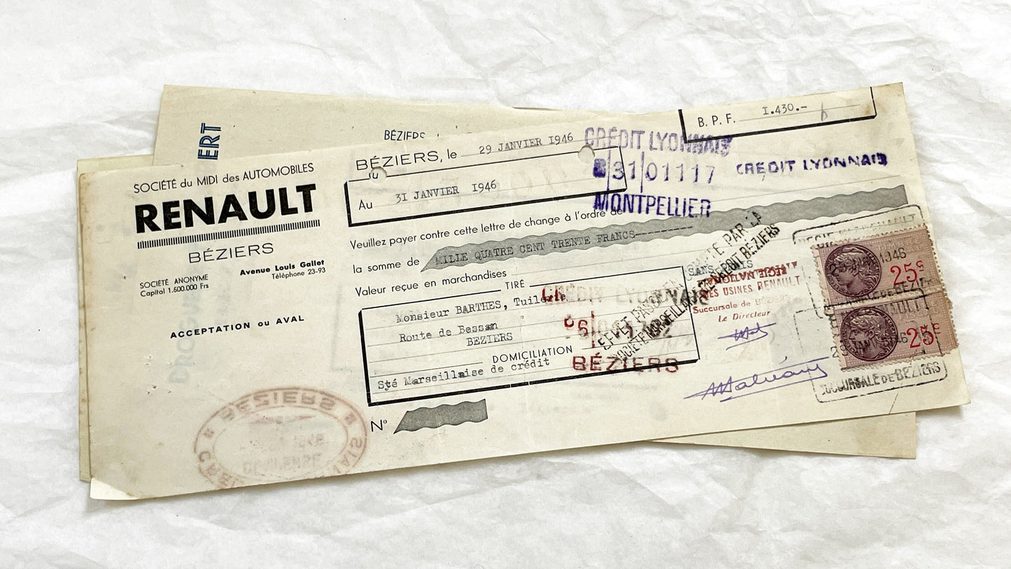 1940s - Lot of 6 Vintage French Bills of Exchange – Handwritten Commercial Documents with Stamps