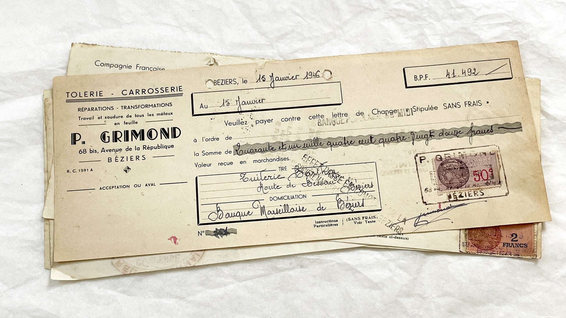 1940s - Lot of 6 Vintage French Bills of Exchange – Handwritten Commercial Documents with Stamps