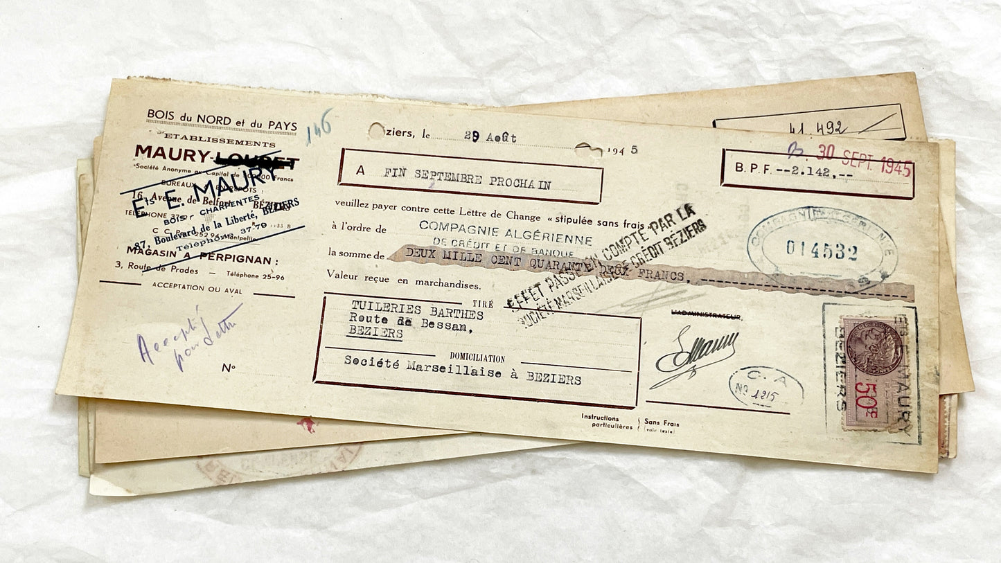 1940s - Lot of 6 Vintage French Bills of Exchange – Handwritten Commercial Documents with Stamps