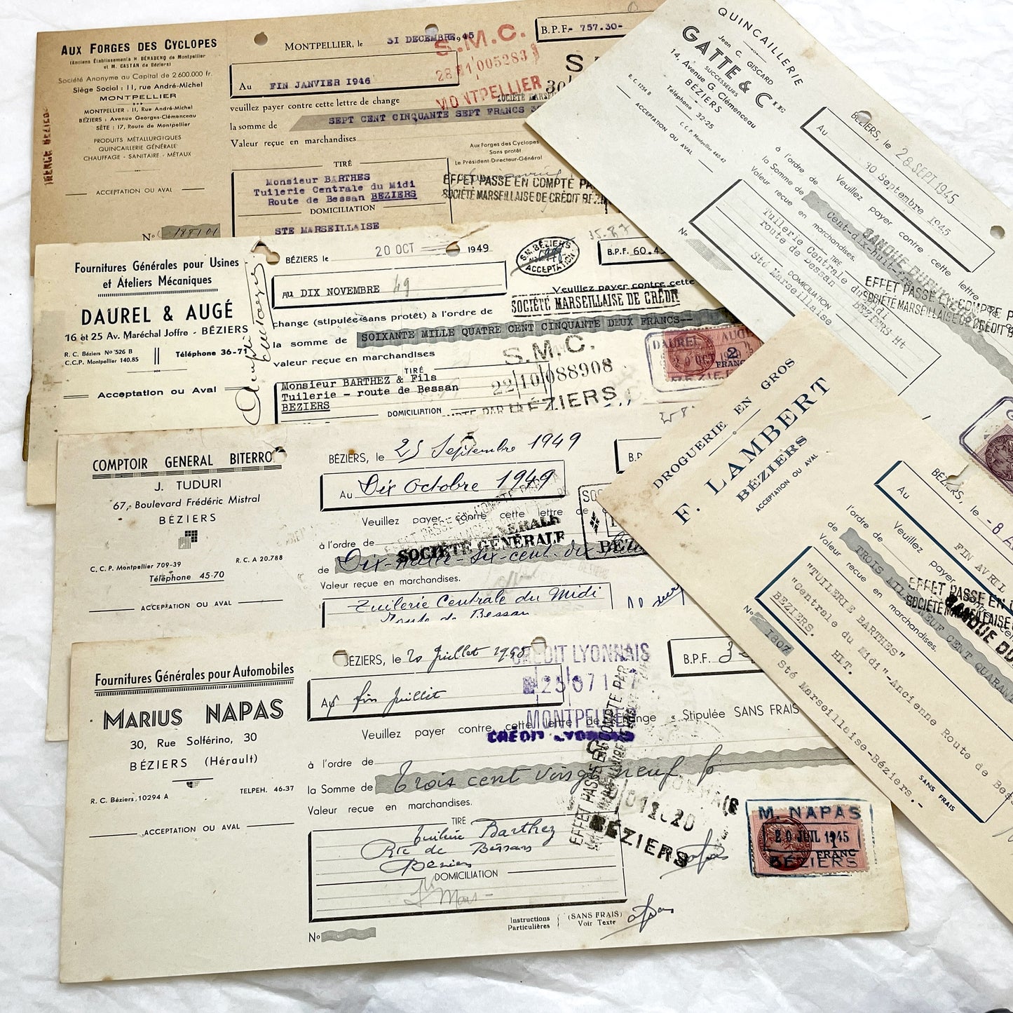 1940s - Lot of 6 Vintage French Bills of Exchange – Handwritten Commercial Documents with Stamps