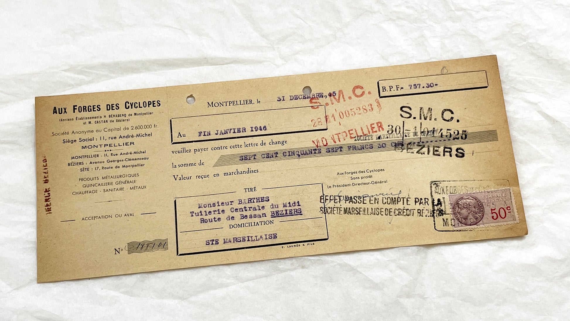 1940s - Lot of 6 Vintage French Bills of Exchange – Handwritten Commercial Documents with Stamps