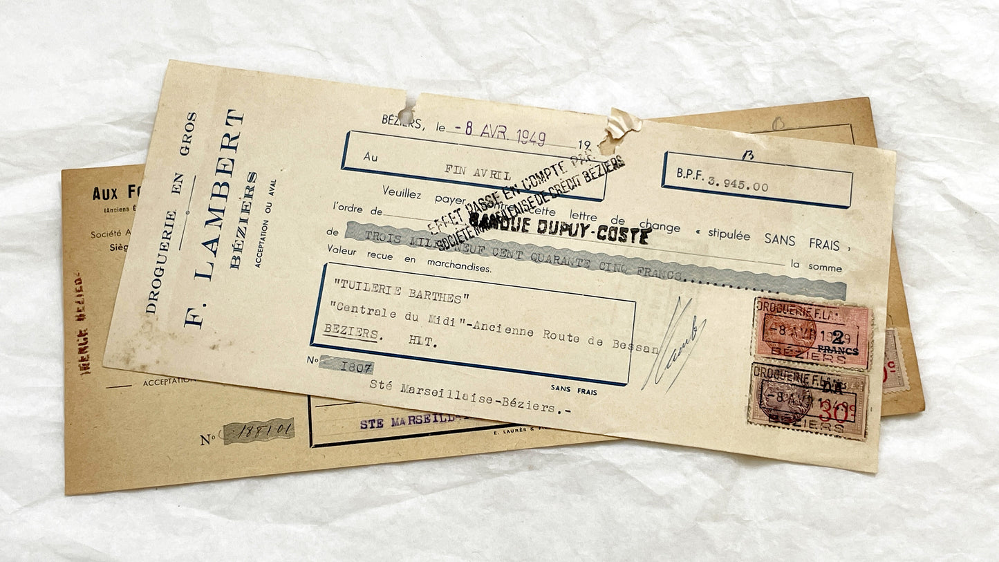 1940s - Lot of 6 Vintage French Bills of Exchange – Handwritten Commercial Documents with Stamps