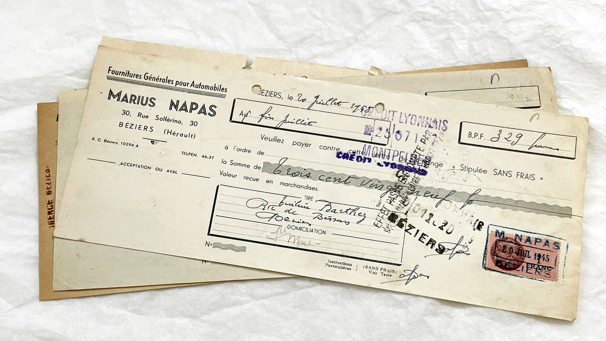1940s - Lot of 6 Vintage French Bills of Exchange – Handwritten Commercial Documents with Stamps