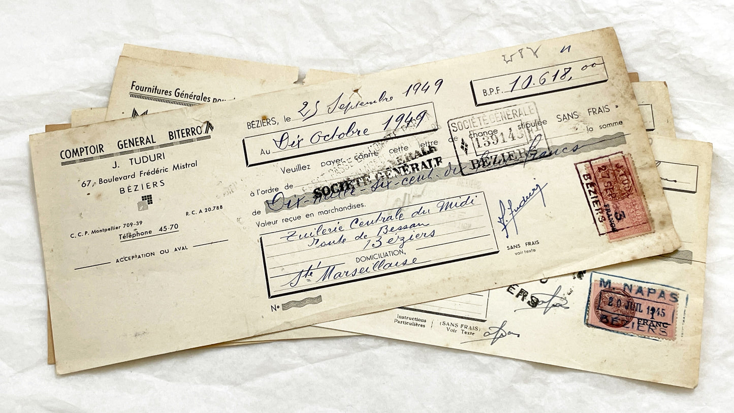 1940s - Lot of 6 Vintage French Bills of Exchange – Handwritten Commercial Documents with Stamps