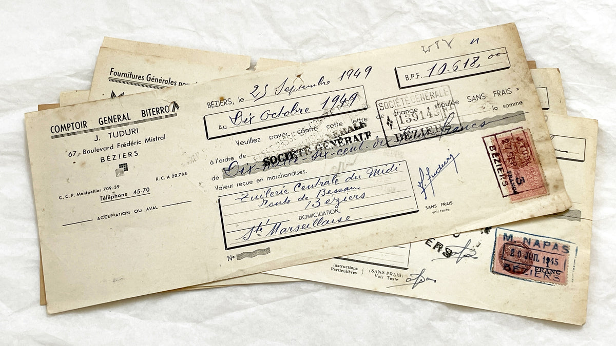 1940s - Lot of 6 Vintage French Bills of Exchange – Handwritten Commercial Documents with Stamps