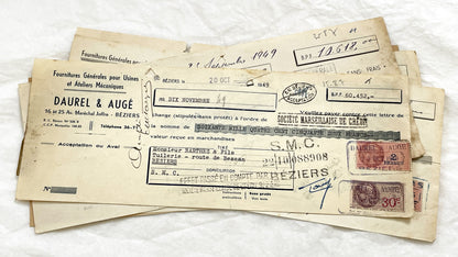 1940s - Lot of 6 Vintage French Bills of Exchange – Handwritten Commercial Documents with Stamps