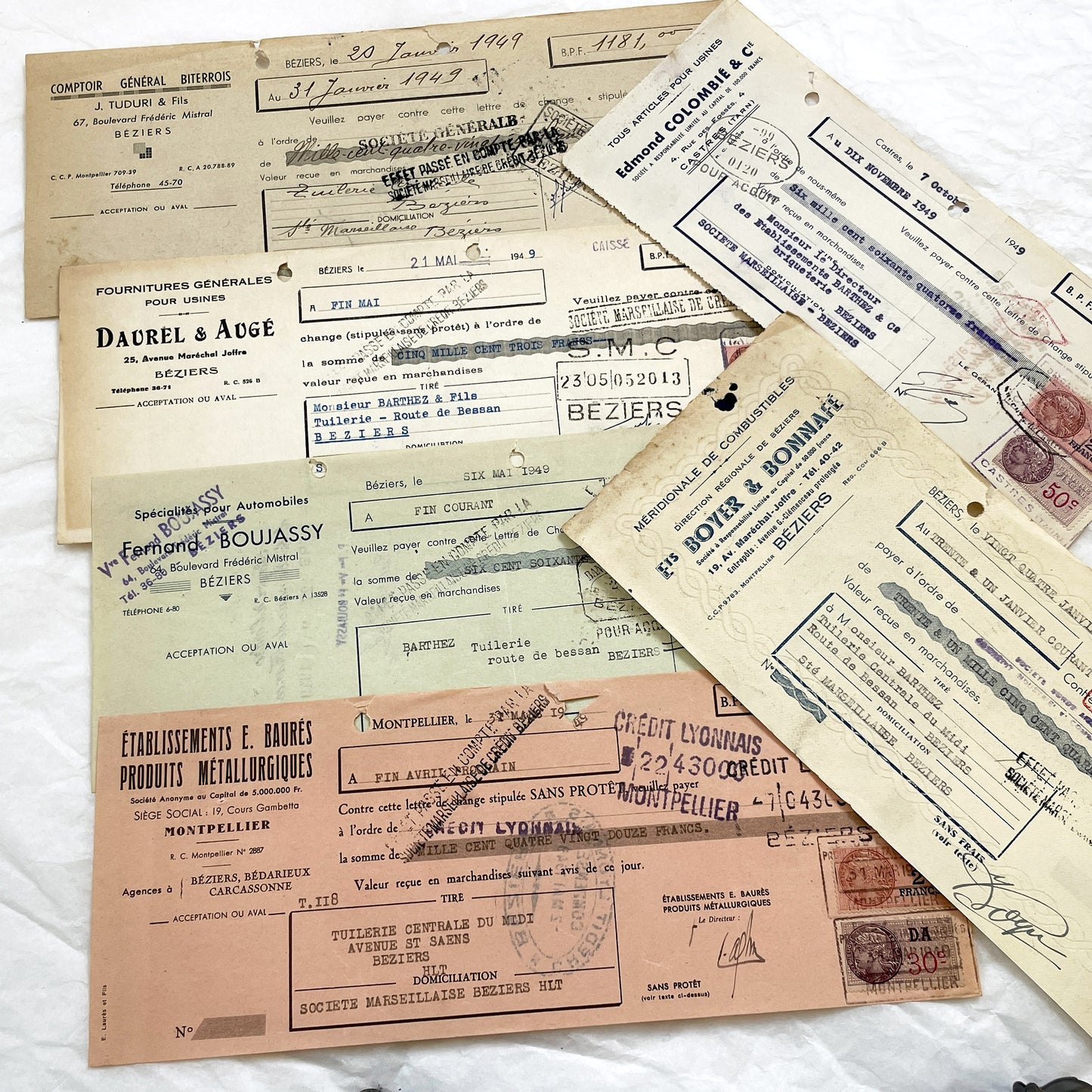 1940s - Lot of 6 Vintage French Bills of Exchange – Handwritten Commercial Documents with Stamps