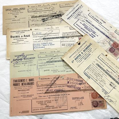 1940s - Lot of 6 Vintage French Bills of Exchange – Handwritten Commercial Documents with Stamps