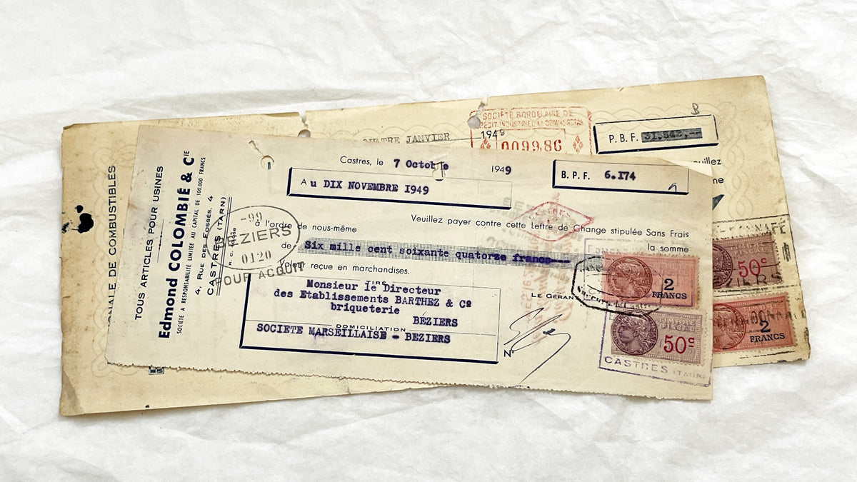 1940s - Lot of 6 Vintage French Bills of Exchange – Handwritten Commercial Documents with Stamps