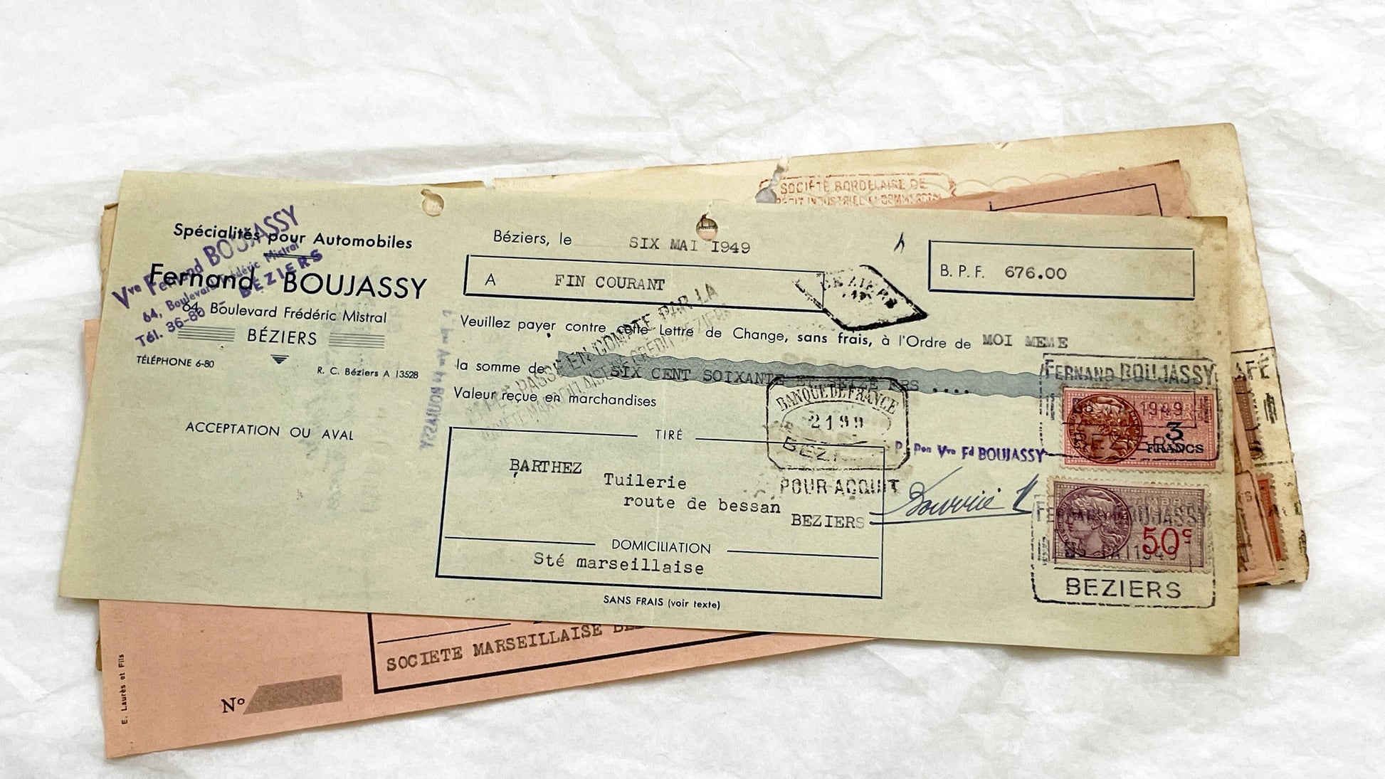 1940s - Lot of 6 Vintage French Bills of Exchange – Handwritten Commercial Documents with Stamps
