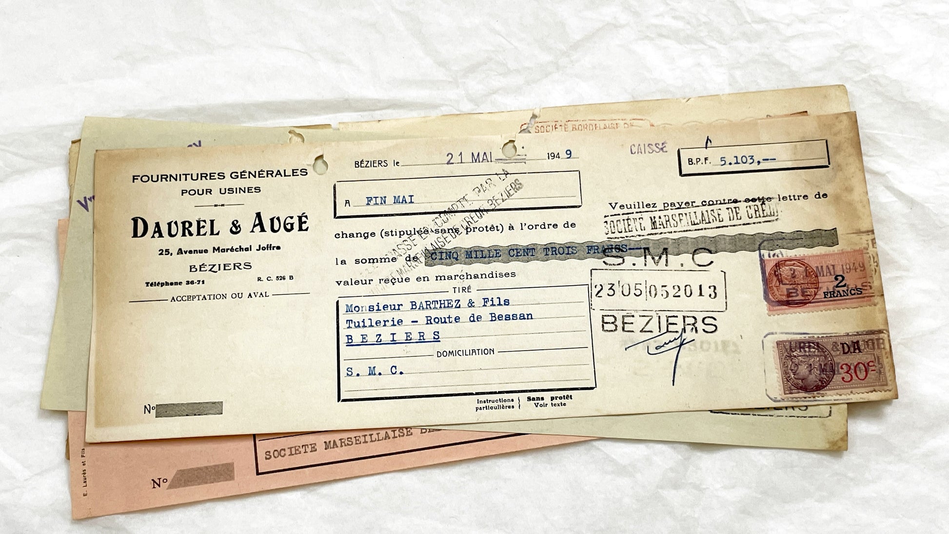 1940s - Lot of 6 Vintage French Bills of Exchange – Handwritten Commercial Documents with Stamps