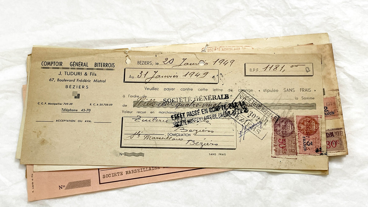 1940s - Lot of 6 Vintage French Bills of Exchange – Handwritten Commercial Documents with Stamps