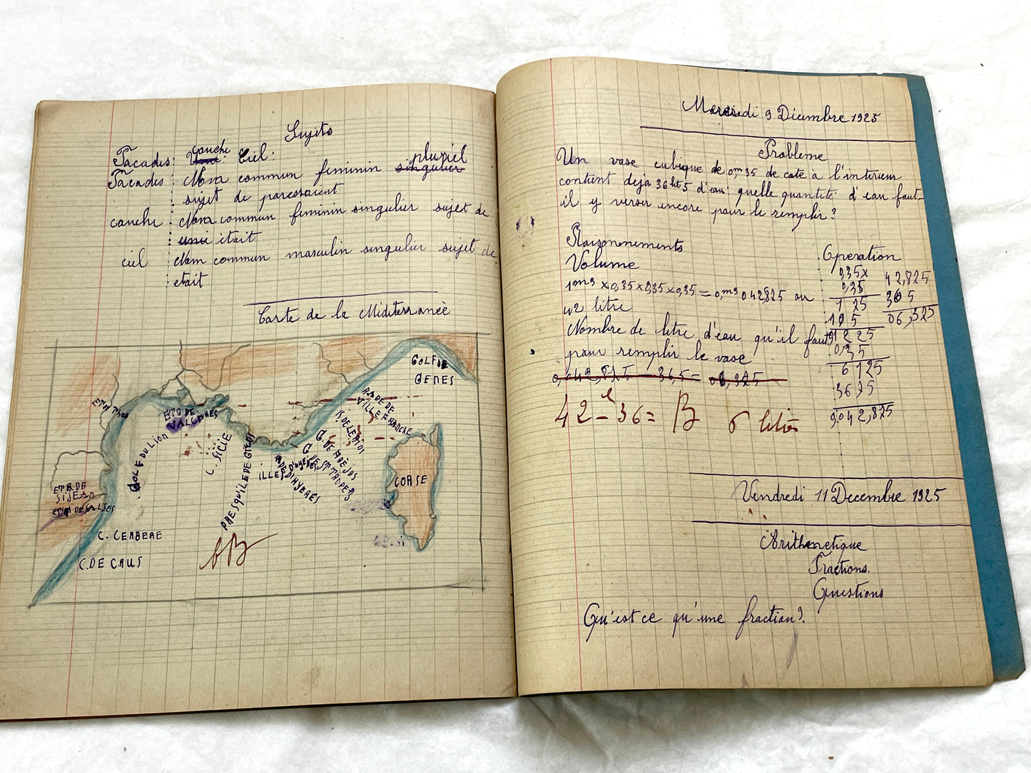 1920s - French School Notebook - Young Girl's Handwritten Lessons from 1925 France - Authentic Vintage Educational Ephemera