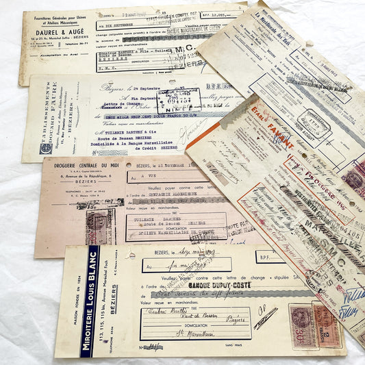 1940s - Lot of 6 Vintage French Bills of Exchange – Handwritten Commercial Documents with Stamps