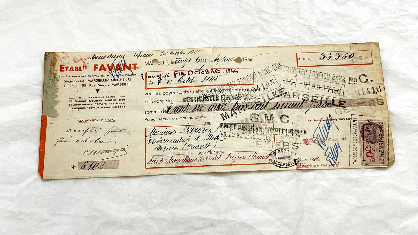 1940s - Lot of 6 Vintage French Bills of Exchange – Handwritten Commercial Documents with Stamps
