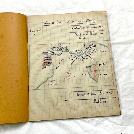 1920s - French School Notebook - Young Girl's Handwritten Lessons in French, Geography, and Math - Vintage Education Ephemera