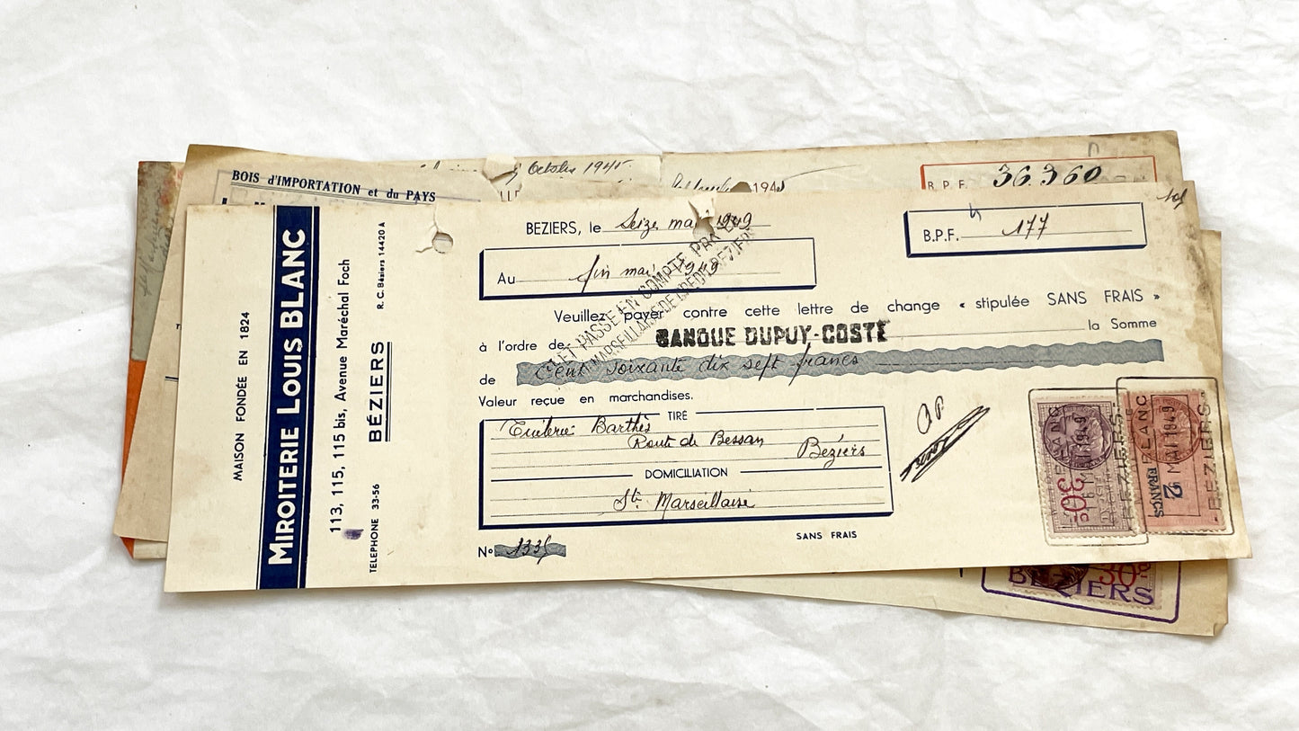 1940s - Lot of 6 Vintage French Bills of Exchange – Handwritten Commercial Documents with Stamps