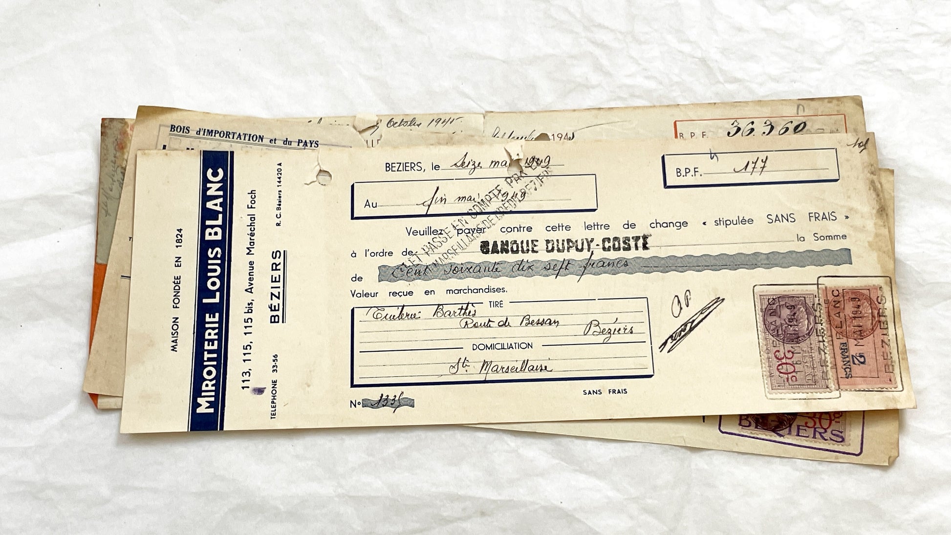1940s - Lot of 6 Vintage French Bills of Exchange – Handwritten Commercial Documents with Stamps