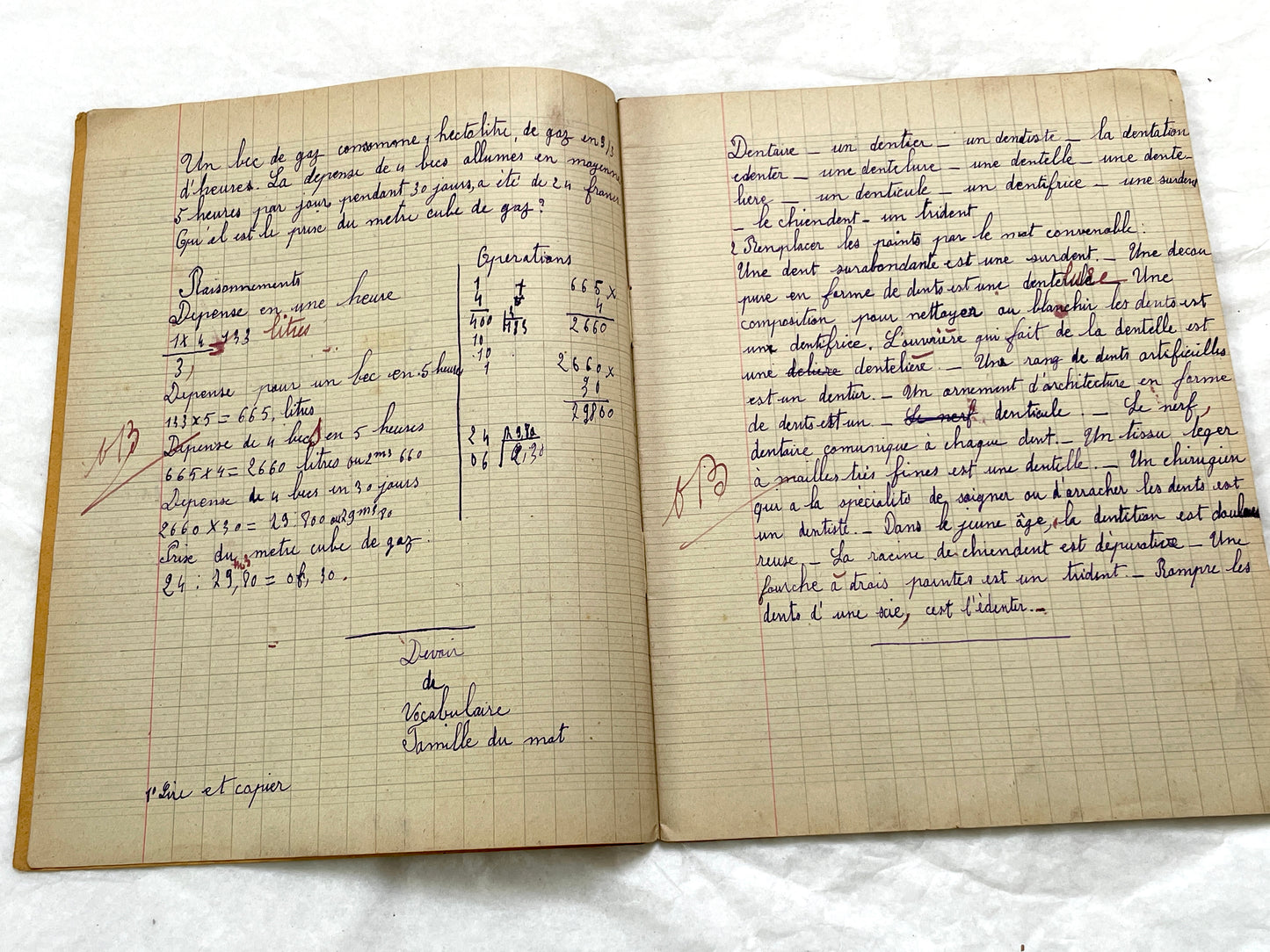 1920s - French School Notebook - Young Girl's Handwritten Lessons in French, Geography, and Math - Vintage Education Ephemera