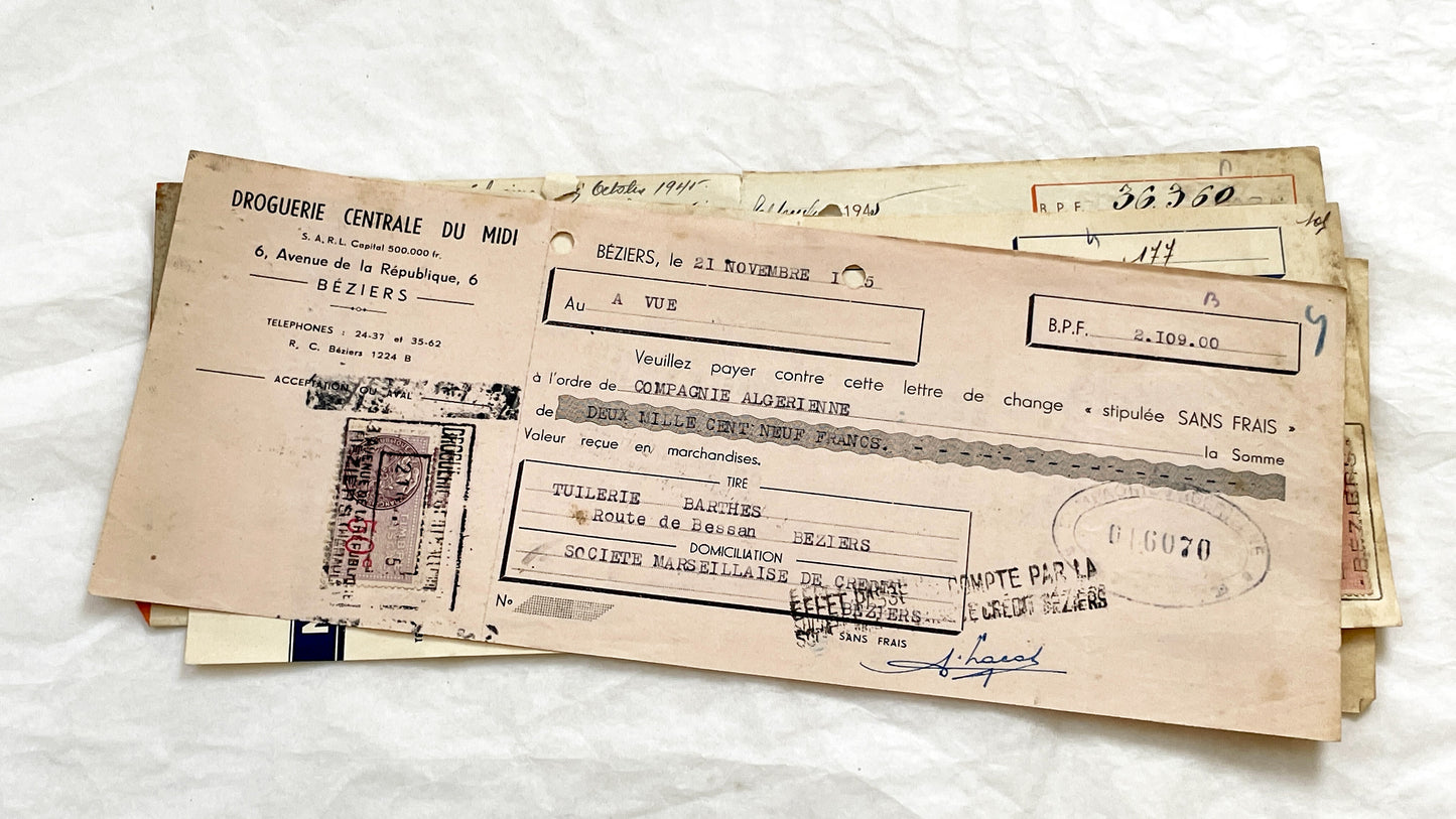 1940s - Lot of 6 Vintage French Bills of Exchange – Handwritten Commercial Documents with Stamps