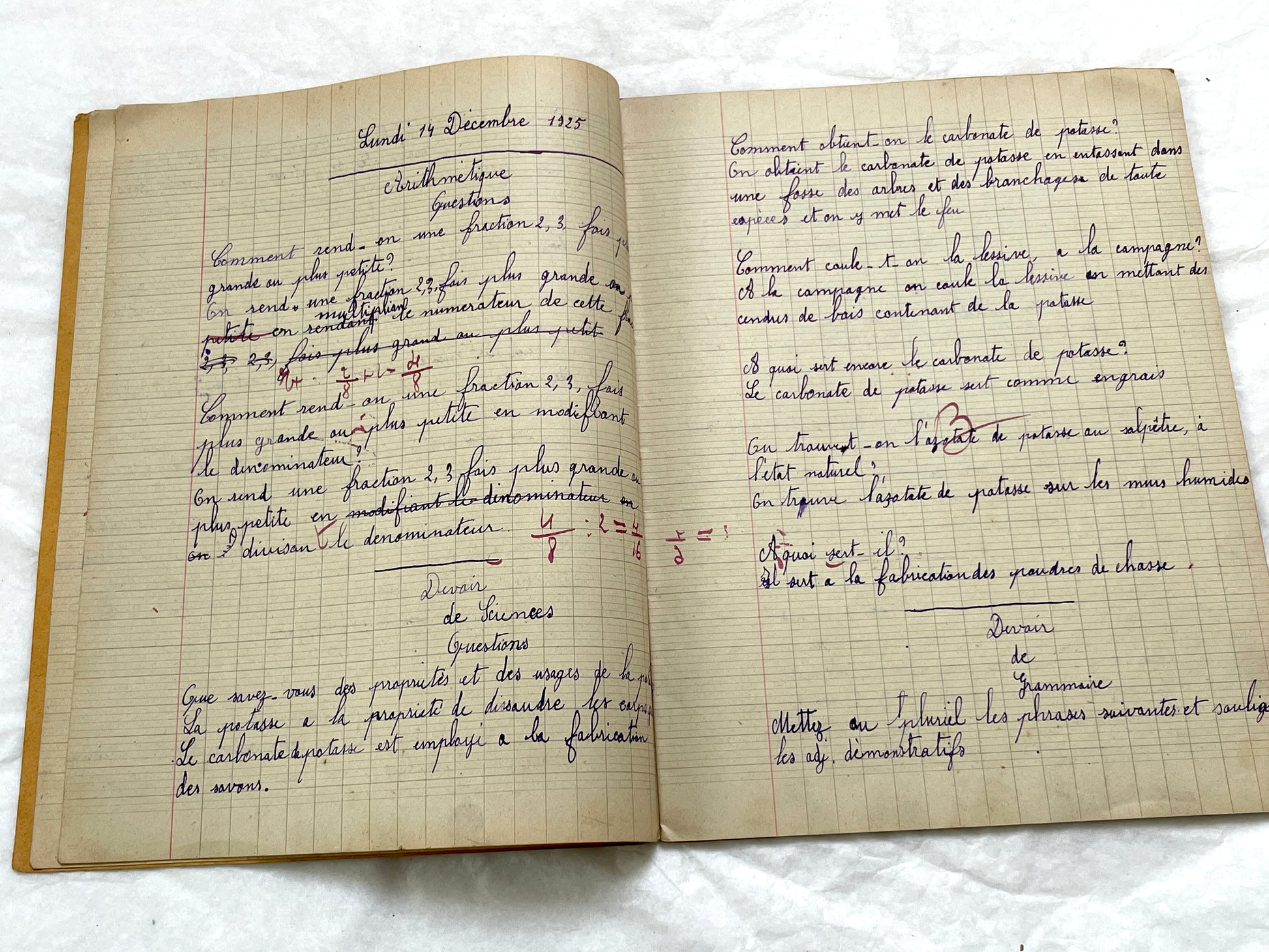1920s - French School Notebook - Young Girl's Handwritten Lessons in French, Geography, and Math - Vintage Education Ephemera