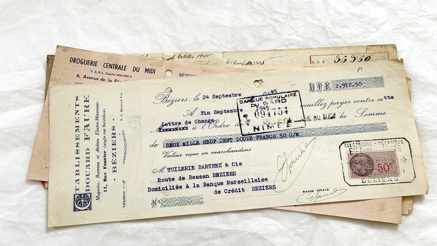 1940s - Lot of 6 Vintage French Bills of Exchange – Handwritten Commercial Documents with Stamps